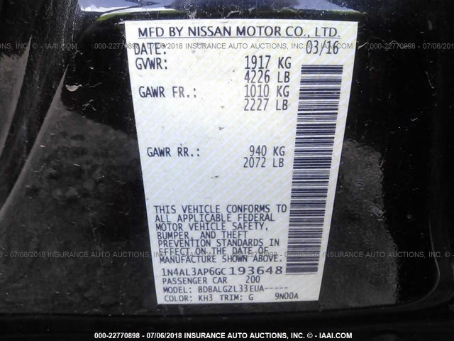 1N4AL3AP6GC193648 - 2016 NISSAN ALTIMA 2.5/S/SV/SL/SR შავი ფოტო 9