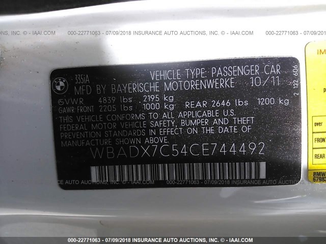 WBADX7C54CE744492 - 2012 BMW 335 I WHITE photo 9
