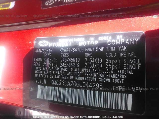 KM8J3CA20GU044298 - 2016 HYUNDAI TUCSON LIMITED/SPORT AND ECO/SE MAROON photo 9