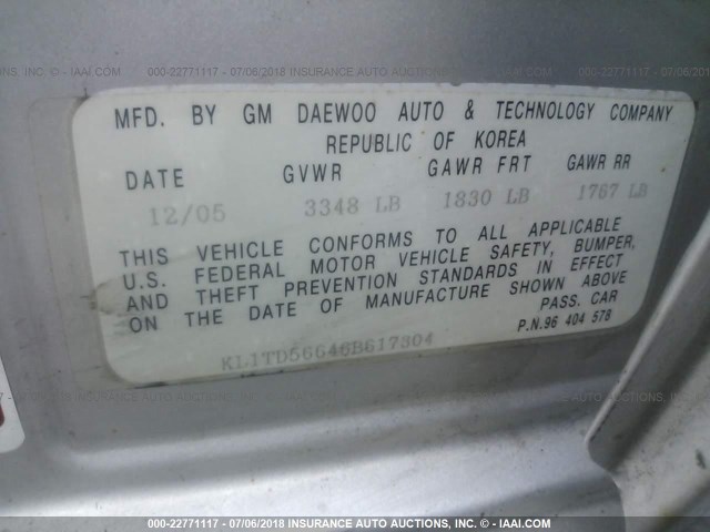 KL1TD56646B617304 - 2006 CHEVROLET AVEO LS SILVER photo 9