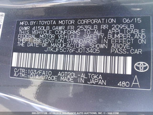 JTKJF5C76FJ013405 - 2015 TOYOTA SCION TC 黑色 照片 9