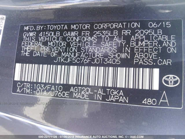 JTKJF5C76FJ013405 - 2015 TOYOTA SCION TC BLACK photo 9