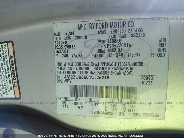 4M2ZU86E04UJ26218 - 2004 MERCURY MOUNTAINEER  SILVER photo 9