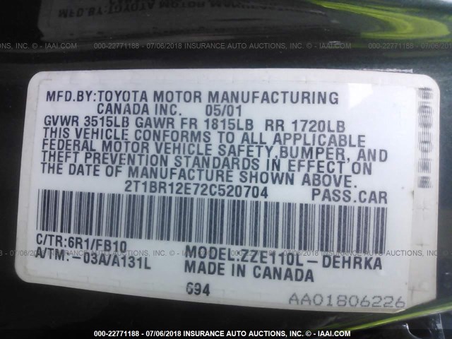 2T1BR12E72C520704 - 2002 TOYOTA COROLLA CE/LE/S 绿色 照片 9