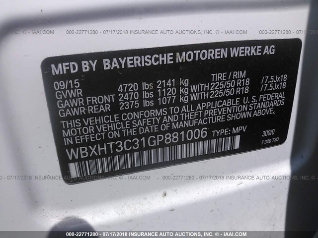 WBXHT3C31GP881006 - 2016 BMW X1 XDRIVE28I WHITE photo 9