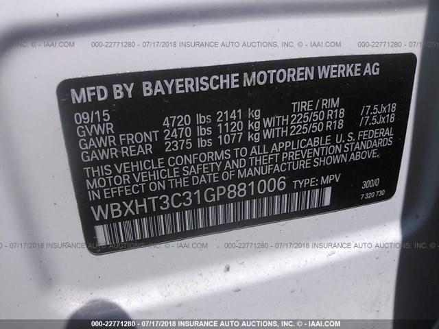 WBXHT3C31GP881006 - 2016 BMW X1 XDRIVE28I 白色 照片 9