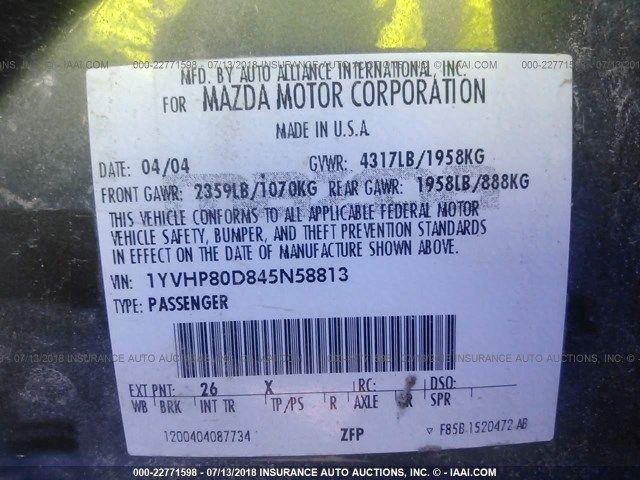 1YVHP80D845N58813 - 2004 MAZDA 6 S Сұр фото 9