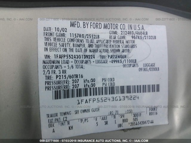 1FAFP55243G139224 - 2003 FORD TAURUS SES TAN photo 9