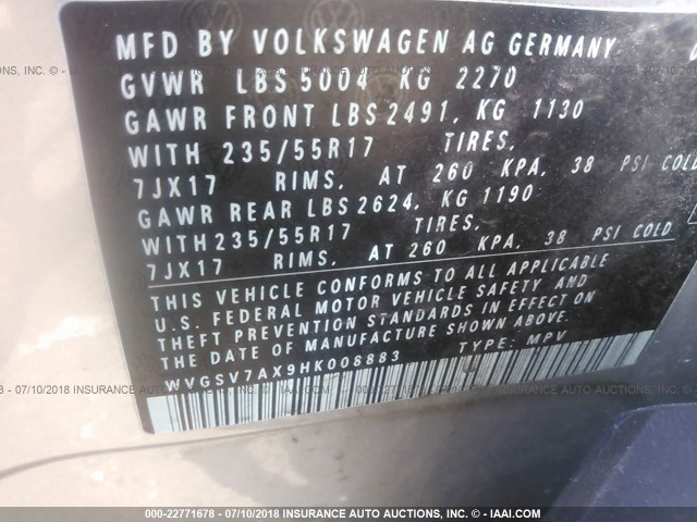 WVGSV7AX9HK008883 - 2017 VOLKSWAGEN TIGUAN WOLFSBURG SILVER photo 9