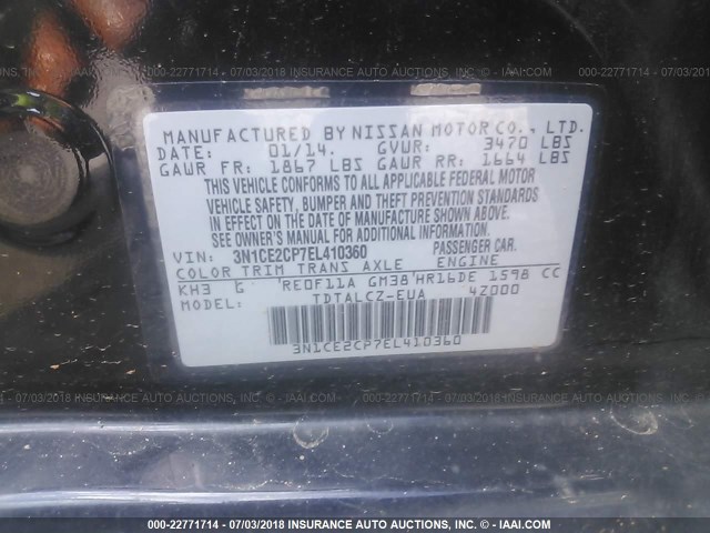 3N1CE2CP7EL410360 - 2014 NISSAN VERSA NOTE S/S PLUS/SV/SL BLACK photo 9