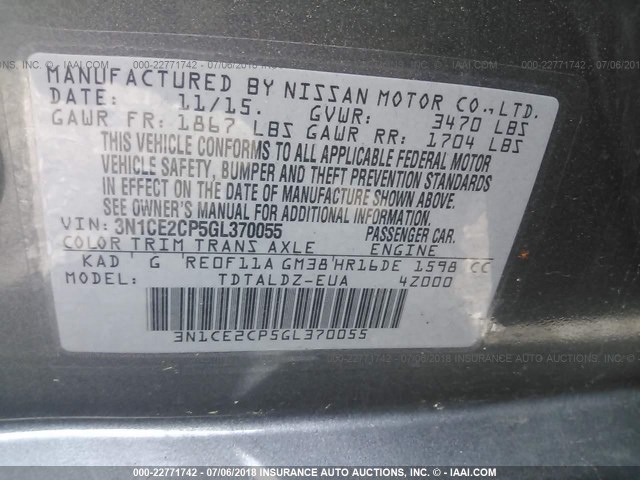 3N1CE2CP5GL370055 - 2016 NISSAN VERSA NOTE S/S PLUS/SV/SL/SR GRAY photo 9