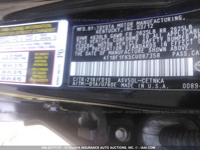 4T1BF1FK5CU087358 - 2012 TOYOTA CAMRY SE/LE/XLE 黑色 照片 9