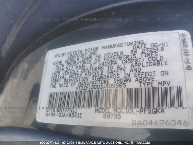 4T3ZF13C01U409565 - 2001 TOYOTA SIENNA LE/XLE BLUE photo 9