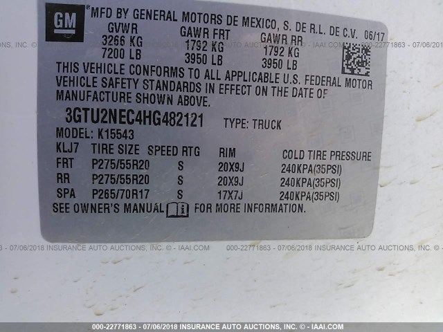 3GTU2NEC4HG482121 - 2017 GMC SIERRA K1500 SLT WHITE photo 9