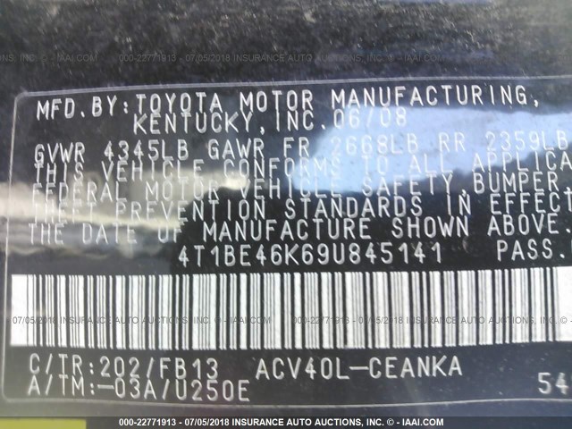4T1BE46K69U845141 - 2009 TOYOTA CAMRY SE/LE/XLE BLACK photo 9