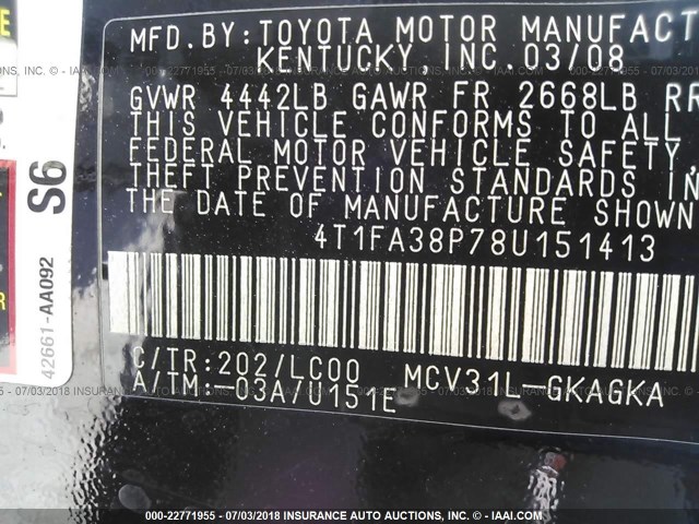 4T1FA38P78U151413 - 2008 TOYOTA CAMRY SOLARA SE/SLE/SPORT BLACK photo 9