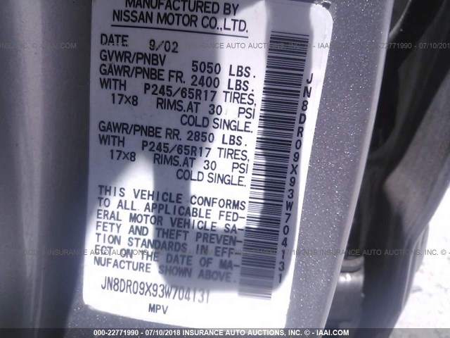 JN8DR09X93W704131 - 2003 NISSAN PATHFINDER LE/SE SILVER photo 9