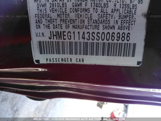 JHMEG1143SS006986 - 1995 HONDA CIVIC DEL SOL S RED photo 9