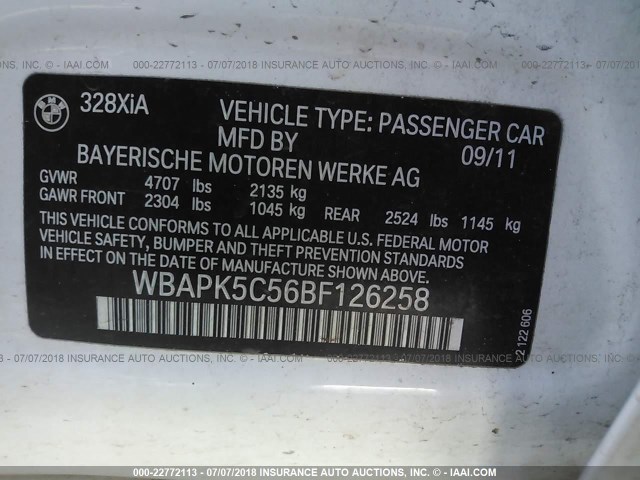 WBAPK5C56BF126258 - 2011 BMW 328 XI SULEV WHITE photo 9