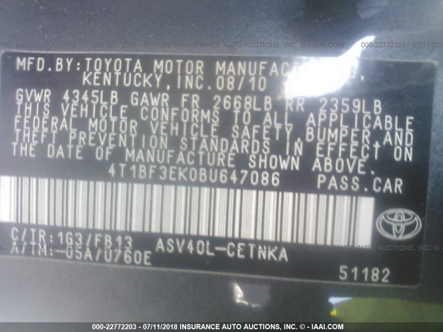 4T1BF3EK0BU647086 - 2011 TOYOTA CAMRY SE/LE/XLE ნაცრისფერი ფოტო 9