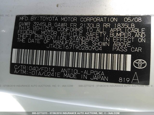 JTKDE167190280904 - 2009 TOYOTA SCION TC 白色 照片 9