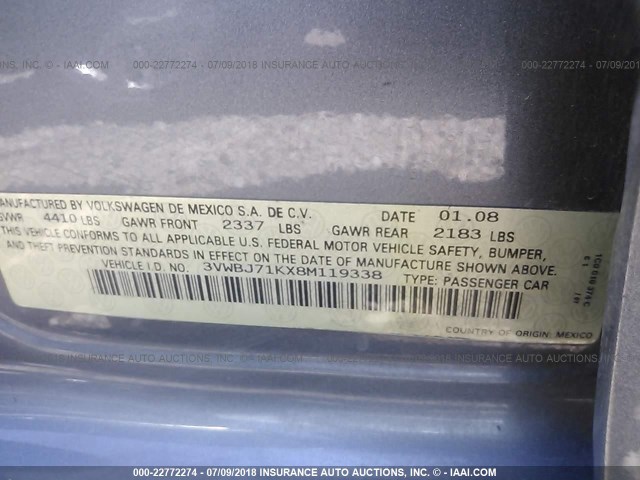 3VWBJ71KX8M119338 - 2008 VOLKSWAGEN GLI ნაცრისფერი ფოტო 9