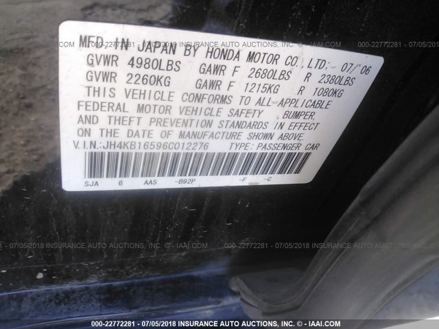 JH4KB16596C012276 - 2006 ACURA RL BLACK photo 9