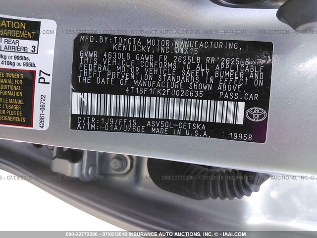 4T1BF1FK2FU026635 - 2015 TOYOTA CAMRY LE/XLE/SE/XSE GRAY photo 9