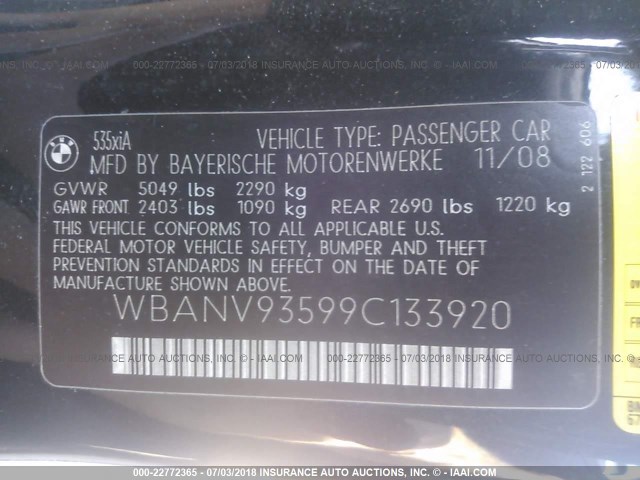 WBANV93599C133920 - 2009 BMW 535 XI BLACK photo 9
