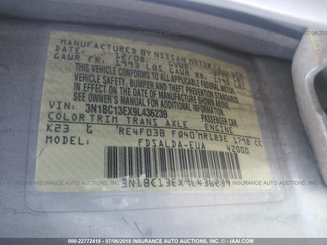 3N1BC13EX9L436239 - 2009 NISSAN VERSA S/SL SILVER photo 9