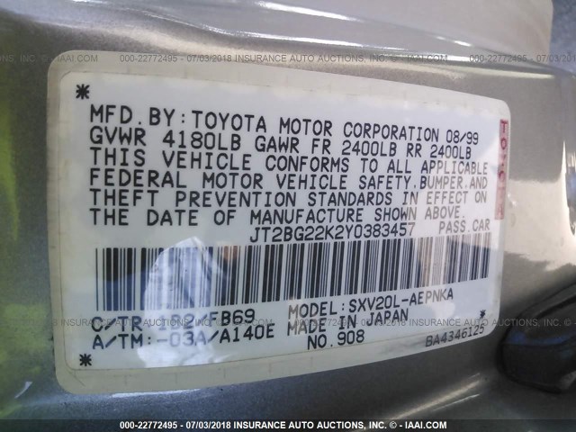 JT2BG22K2Y0383457 - 2000 TOYOTA CAMRY CE/LE/XLE 灰色 照片 9