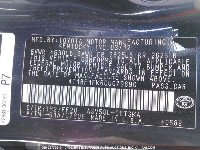 4T1BF1FK6CU079690 - 2012 TOYOTA CAMRY SE/LE/XLE BLACK photo 9