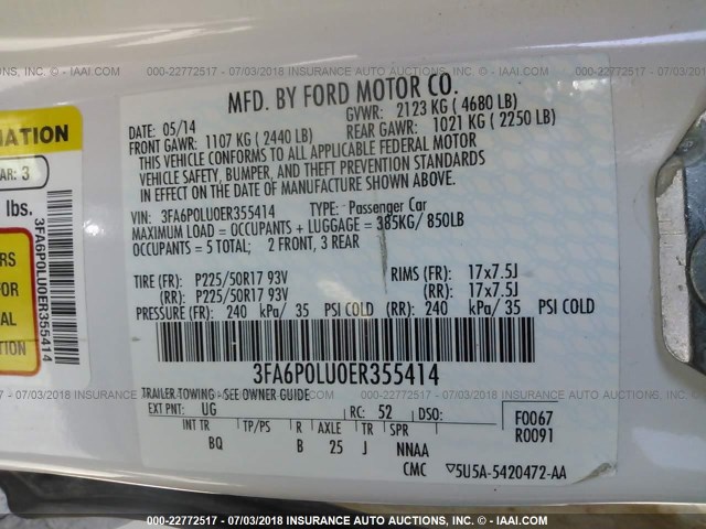 3FA6P0LU0ER355414 - 2014 FORD FUSION SE HYBRID WHITE photo 9