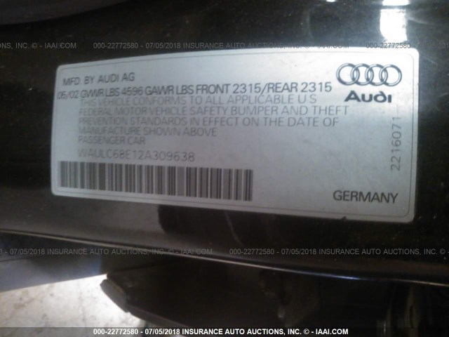 WAULC68E12A309638 - 2002 AUDI A4 1.8T QUATTRO BLACK photo 9