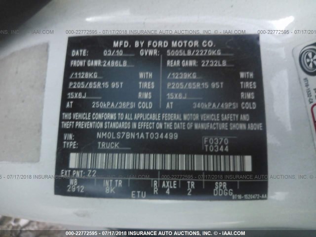 NM0LS7BN1AT034499 - 2010 FORD TRANSIT CONNECT XLT WHITE photo 9