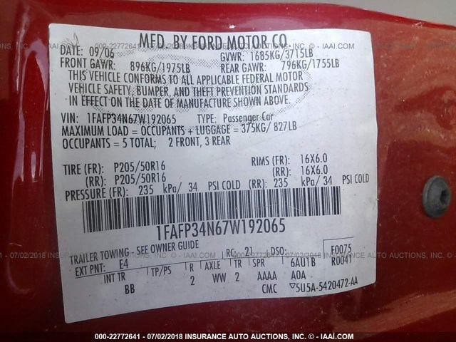 1FAFP34N87W122802 - 2007 FORD FOCUS ZX4/S/SE/SES 红色 照片 9