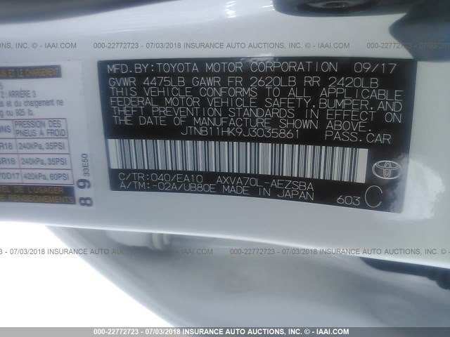 JTNB11HK9J3035861 - 2018 TOYOTA CAMRY L/LE/XLE/SE/XSE WHITE photo 9