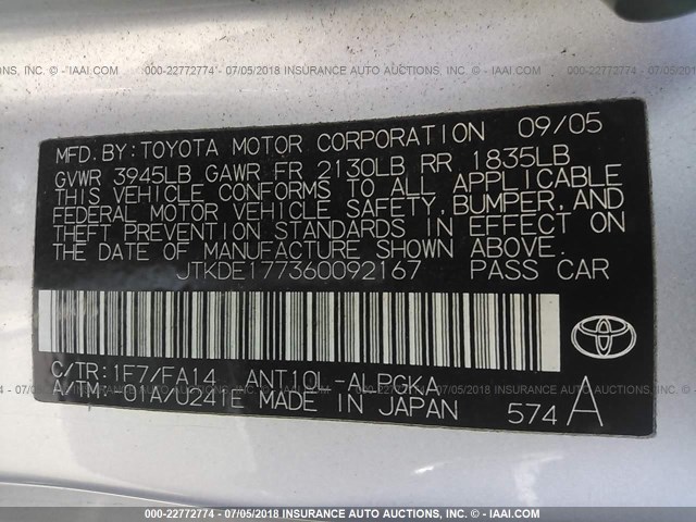 JTKDE177360092167 - 2006 TOYOTA SCION TC 银色 照片 9