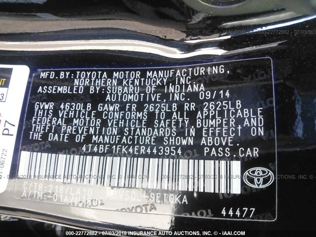 4T4BF1FK4ER443954 - 2014 TOYOTA CAMRY L/SE/LE/XLE 黑色 照片 9