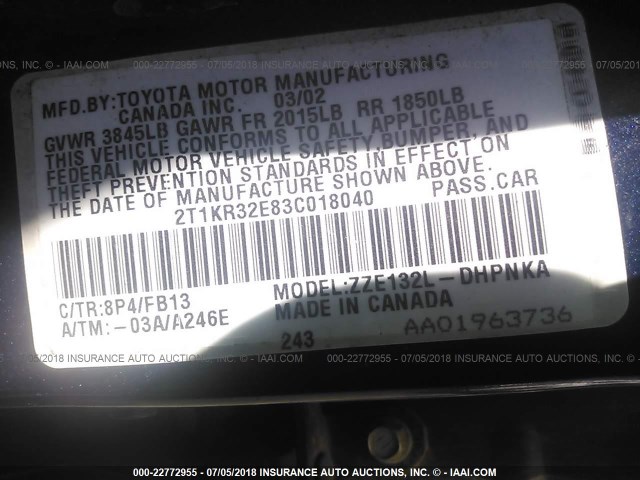 2T1KR32E83C018040 - 2003 TOYOTA COROLLA MATRIX XR Navy photo 9