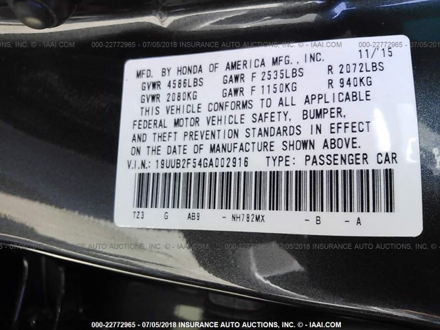 19UUB2F54GA002916 - 2016 ACURA TLX TECH GRAY photo 9