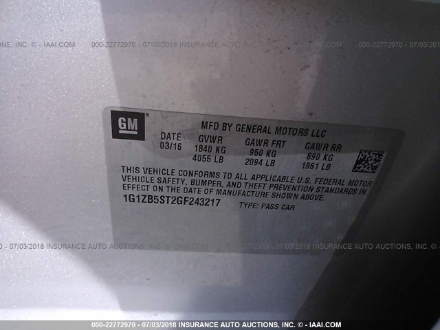 1G1ZB5ST2GF243217 - 2016 CHEVROLET MALIBU LS SILVER photo 9