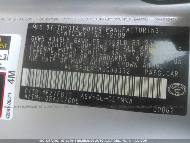 4T1BF3EK0AU088332 - 2010 TOYOTA CAMRY SE/LE/XLE SILVER photo 9