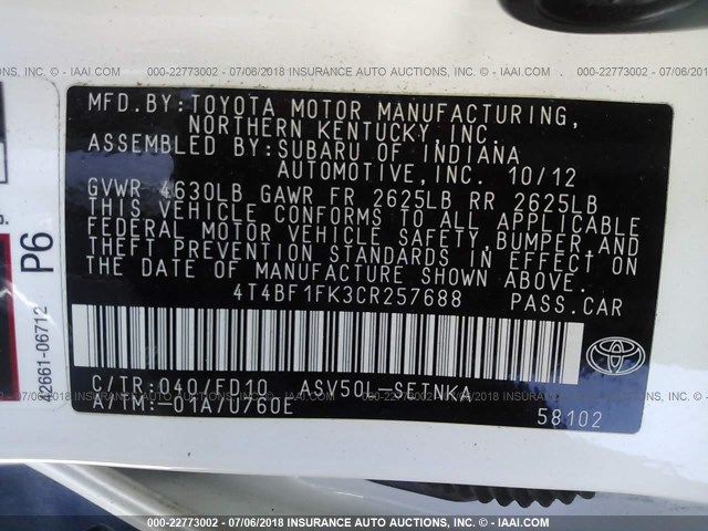 4T4BF1FK3CR257688 - 2012 TOYOTA CAMRY SE/LE/XLE WHITE photo 9