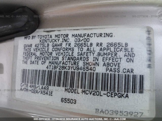 4T1BF28K3YU946540 - 2000 TOYOTA CAMRY LE/XLE TAN photo 9