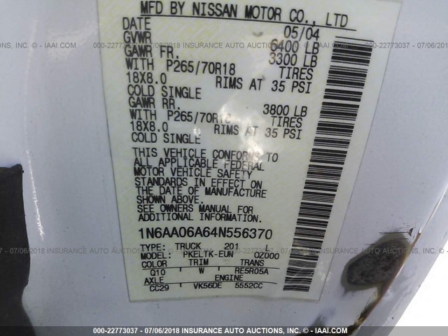 1N6AA06A64N556370 - 2004 NISSAN TITAN XE/SE/LE WHITE photo 9