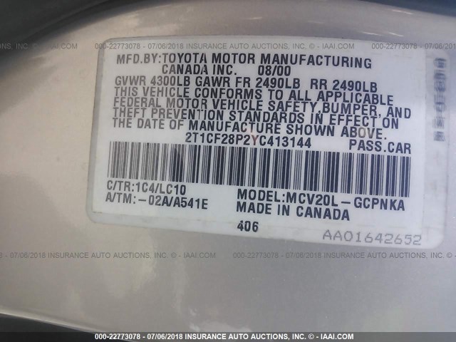 2T1CF28P2YC413144 - 2000 TOYOTA CAMRY SOLARA SE/SLE ვერცხლისფერი ფოტო 9