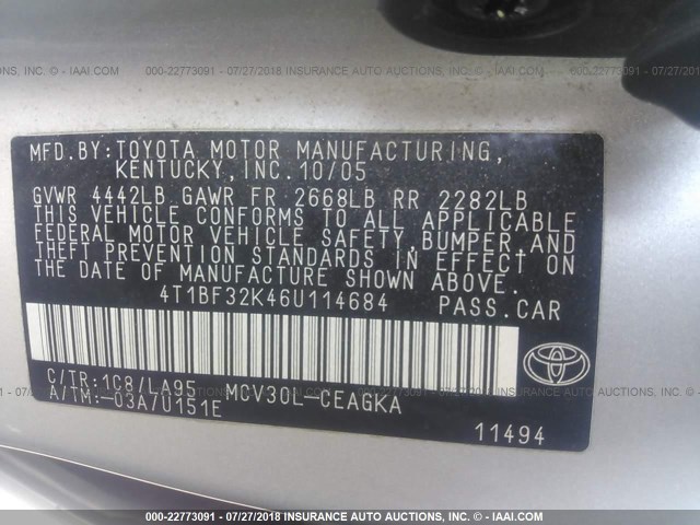 4T1BF32K46U114684 - 2006 TOYOTA CAMRY LE/XLE/SE Gümüş foto 9