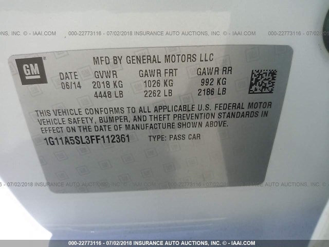 1G11A5SL3FF112361 - 2015 CHEVROLET MALIBU LS 白色 照片 9