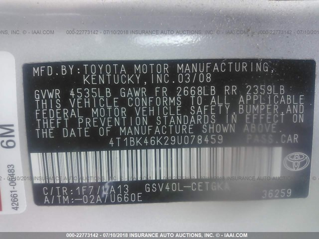 4T1BK46K29U078459 - 2009 TOYOTA CAMRY SE/LE/XLE SILVER photo 9